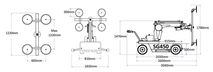 Dimensions for the SG450 glazing robot crane